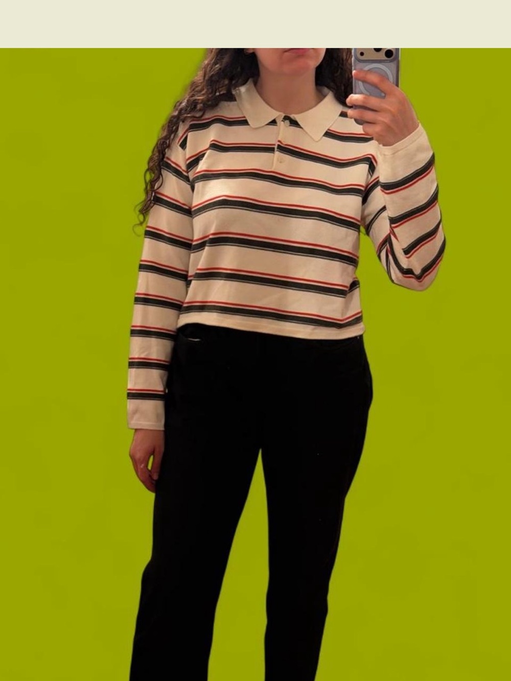 Cropped Collared Stripe Polo — Cream with Black & Red Stripes